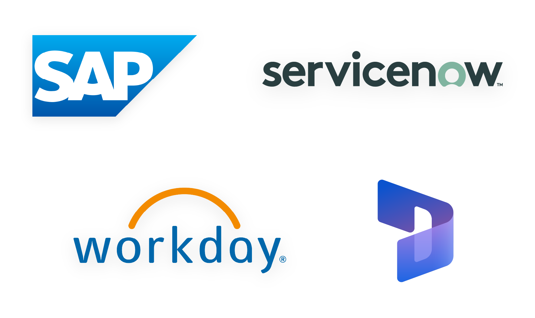 SAP, ServiceNow, Workday, Microsoft Dyanmic 365 logos