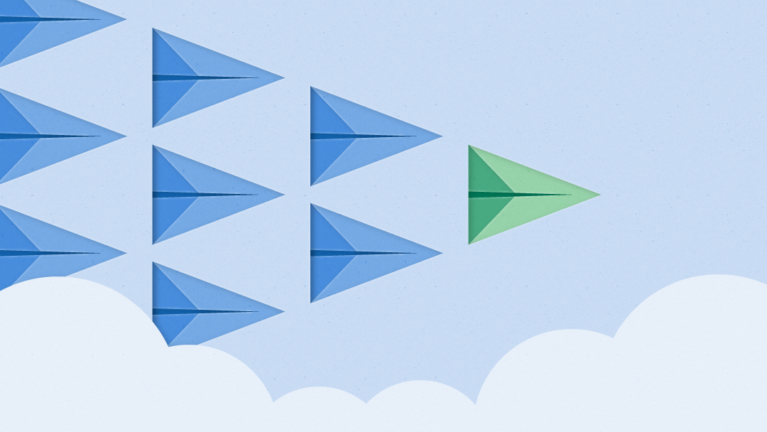 An image of blue paper airplanes with a single green airplane in front leading the pack