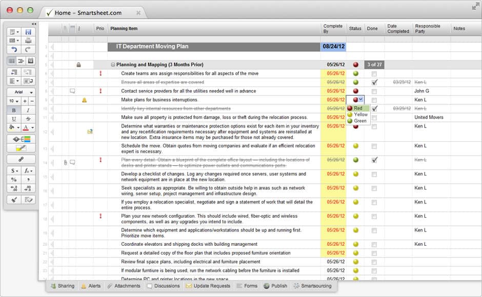 Screenshot of Smartsheet template for IT Office Relocation Planning.