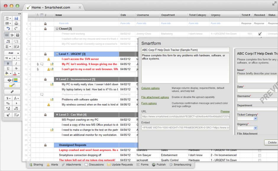 Screenshot of Smartsheet template for IT Help Desk.
