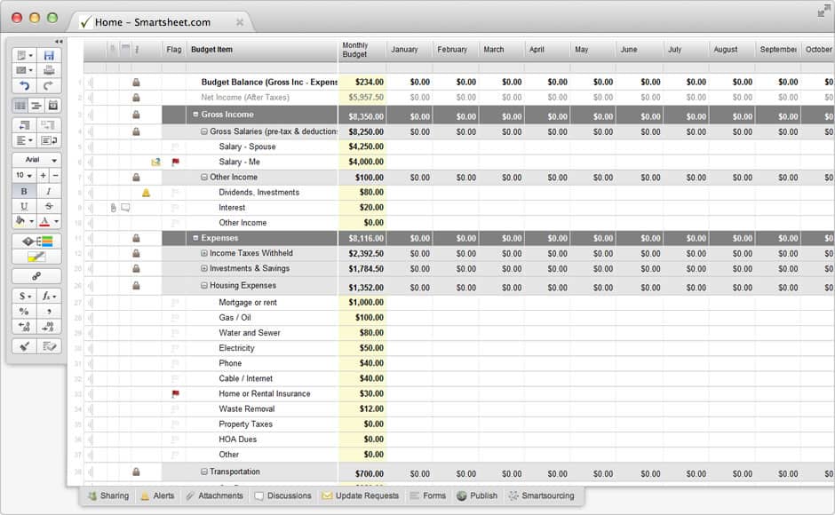 Screenshot of Smartsheet template for Monthly Budget Tracker.