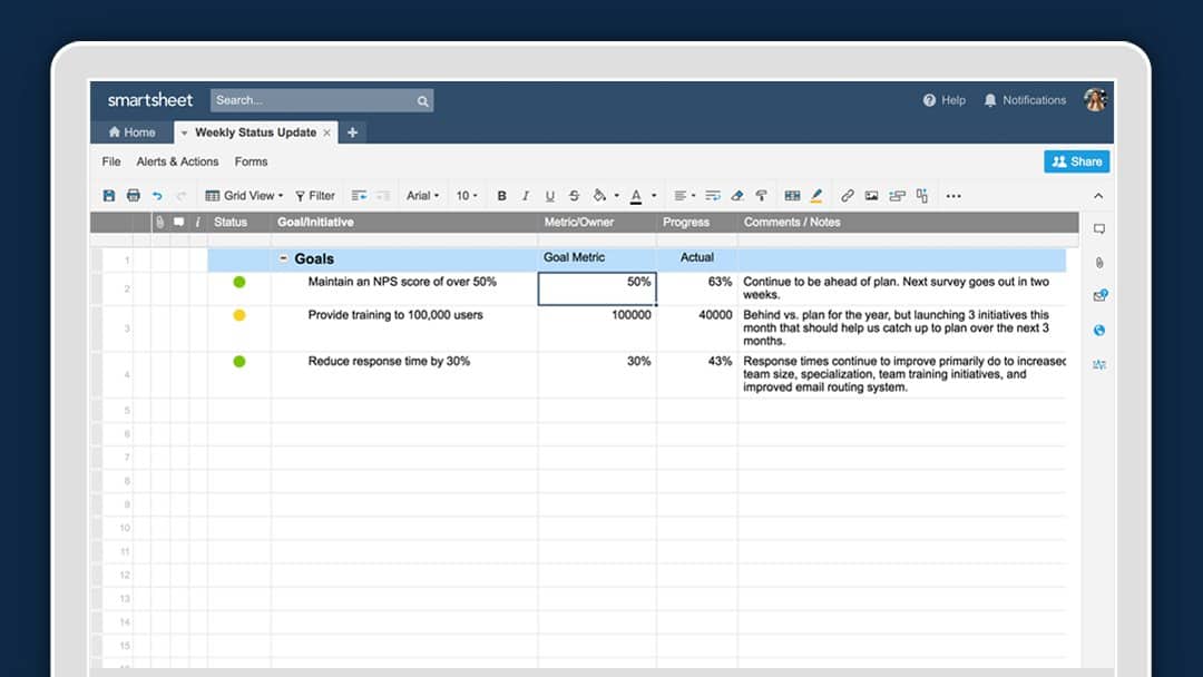 A graphic of the Smartsheet platform that shows a sheet for Weekly Status Updates