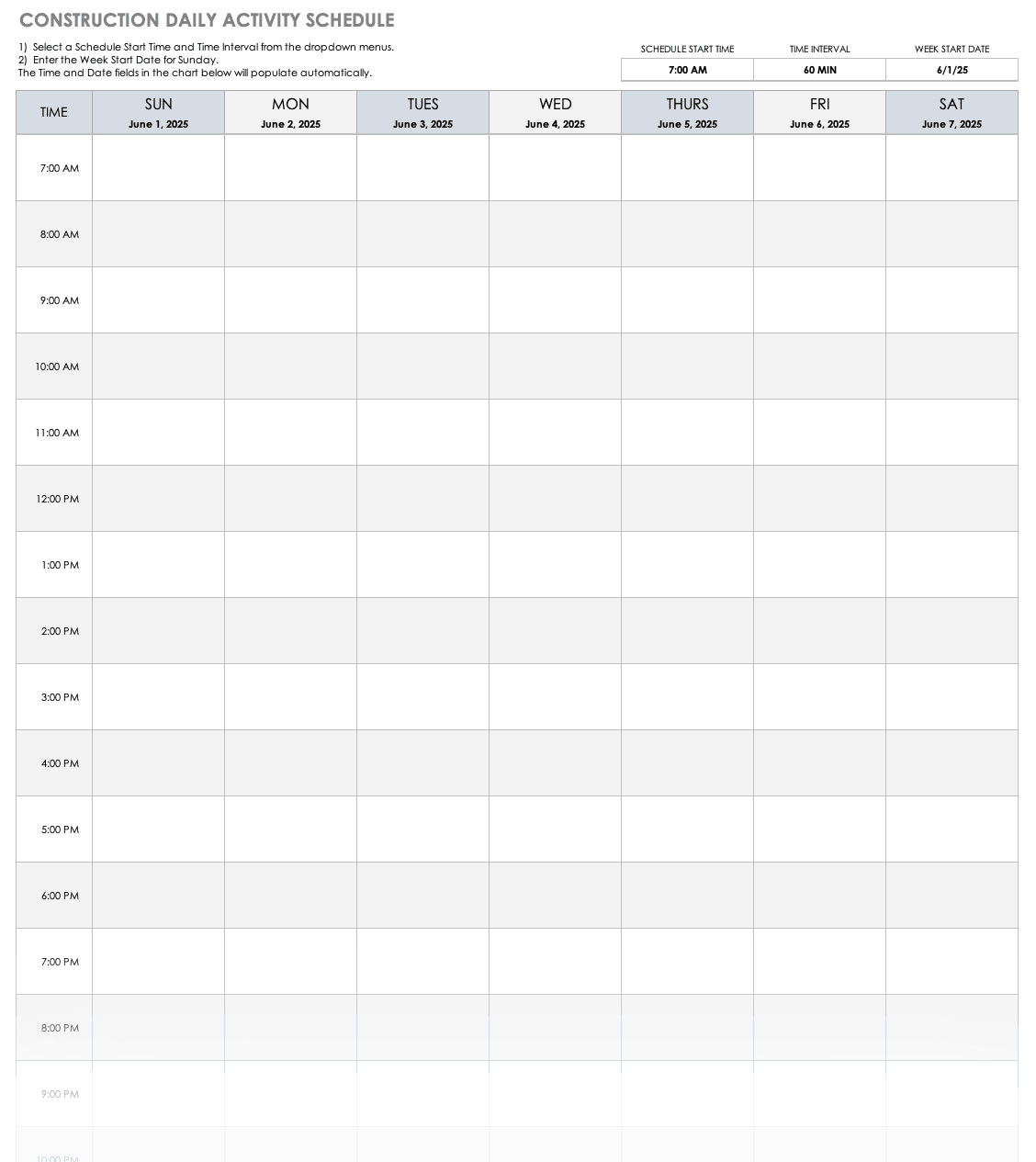 Construction Daily Activity Schedule Template