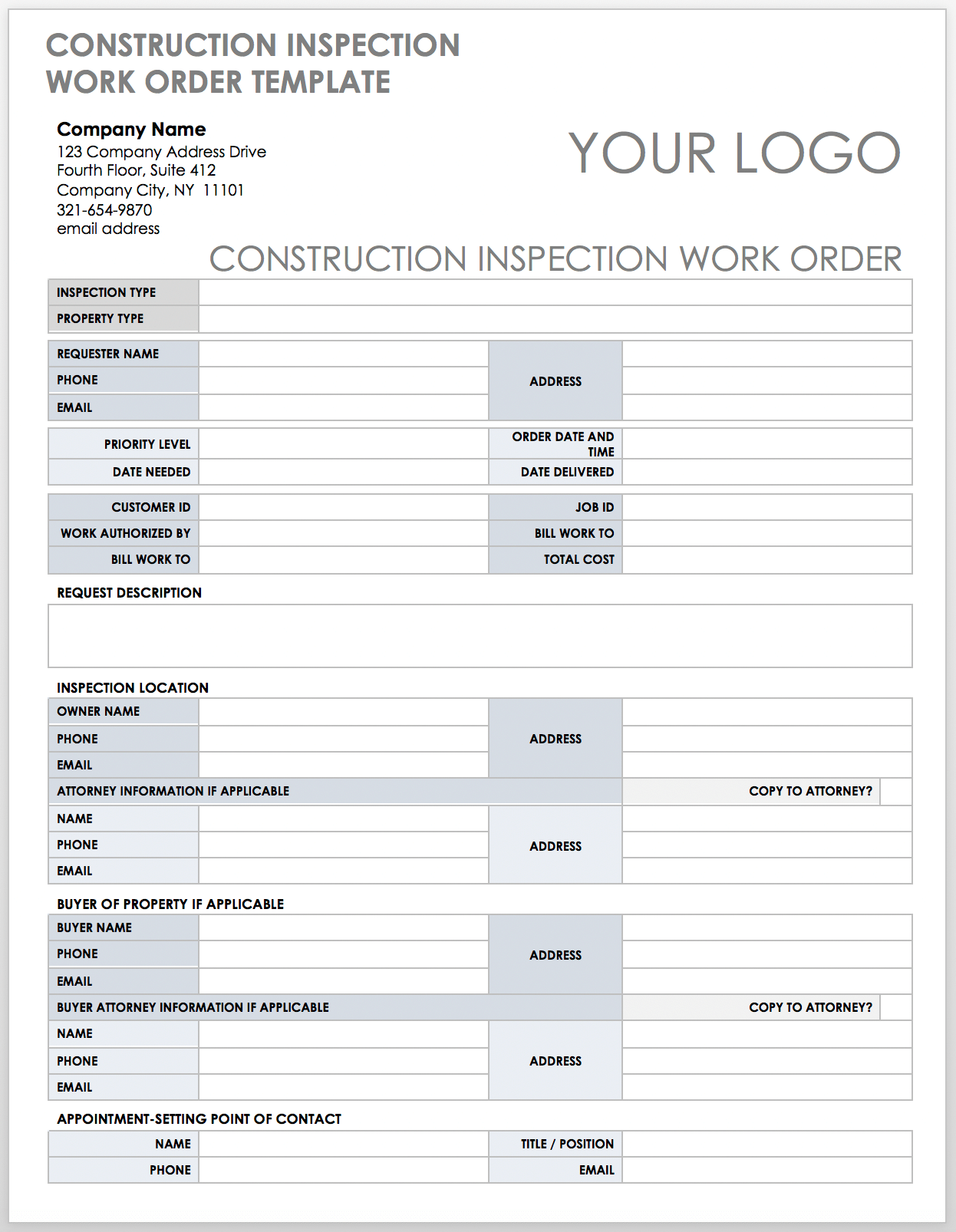 Construction Inspection Work Order Template