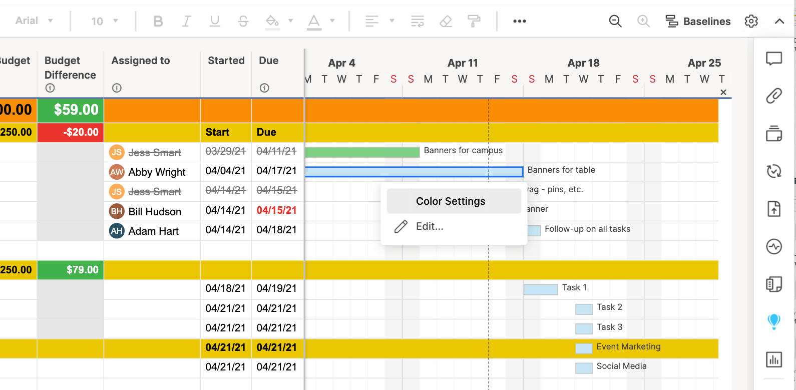 Edit Gantt bar color settings in Smartsheet