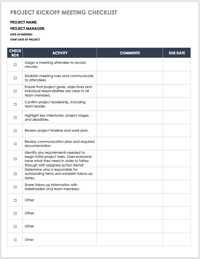 Project Kickoff Meeting Checklist Template