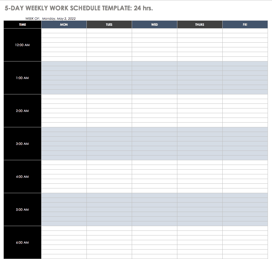 5-Day 24h Weekly Work Schedule Template