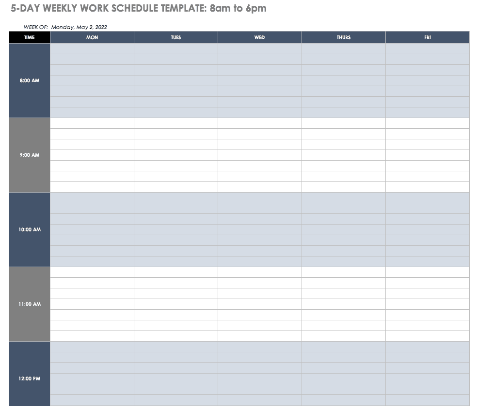 5-Day 8-6 Weekly Work Schedule Template