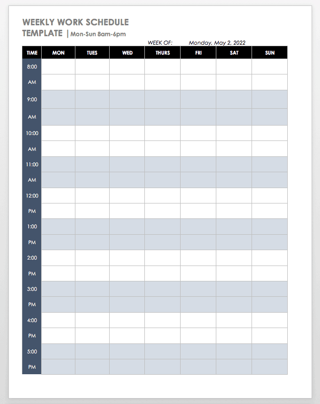 Mon-Sun 8-6 Weekly Schedule Template Word