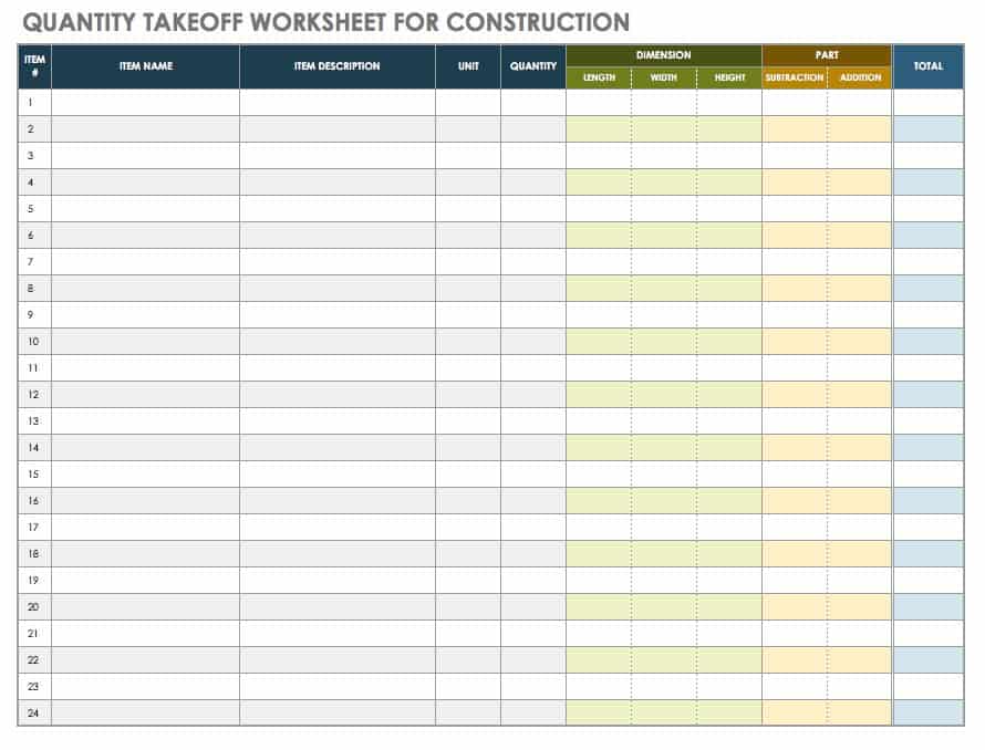 Quantity Takeoff Worksheet for Construction