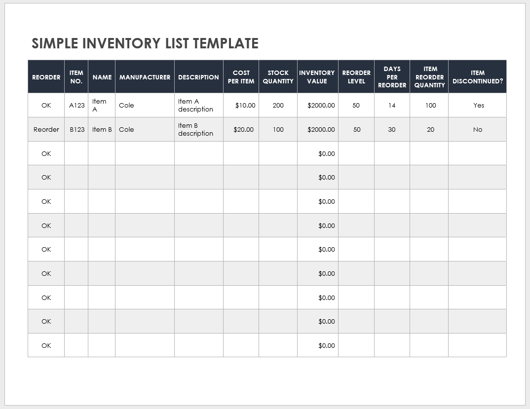 Simple inventory list template