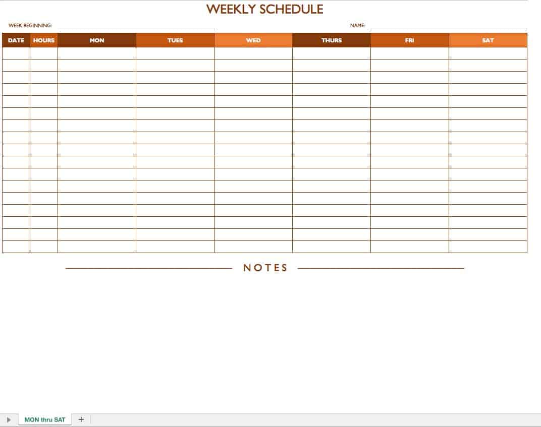 Mon-Sat Weekly Work Schedule Template with Notes