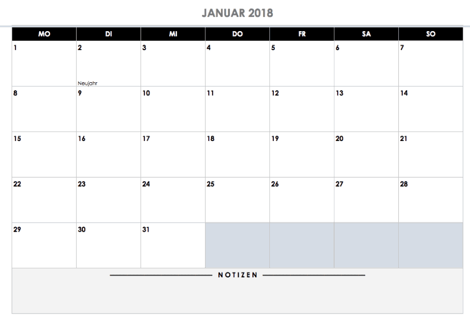 Vorlage für Jahreskalender 2018