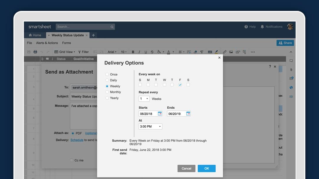 Delivery options for automated reports as they appear on the Smartsheet platform.