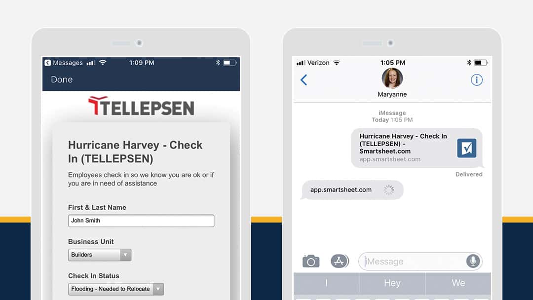 Hurricane Harvey Check In form, created by Tellepsen to help employees.