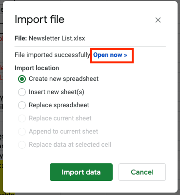 Excel to Google Sheets Import Open Now