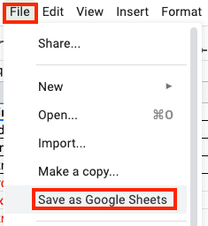 Excel to Google Sheets Open Save As