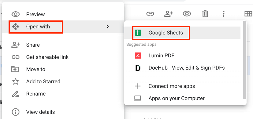 Excel to Google Sheets Open With