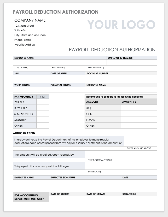 Payroll Deduction Authorization Form Template