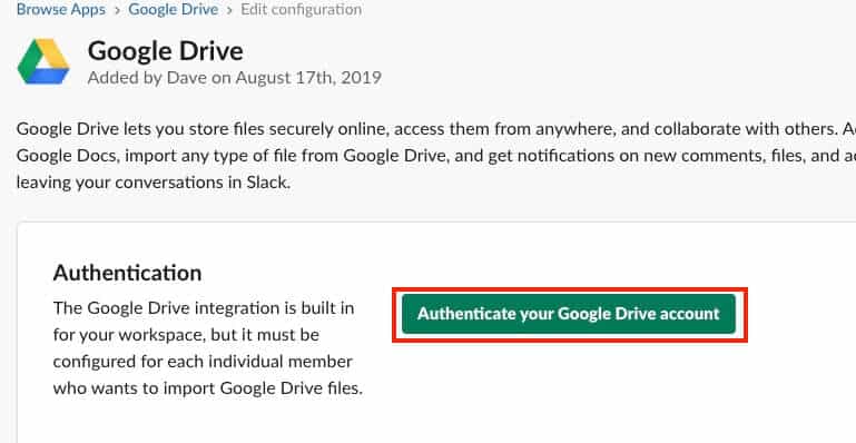Google Drive Share Slack Add Authenticate