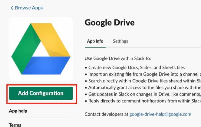 Google Drive Share Slack Add Configuration