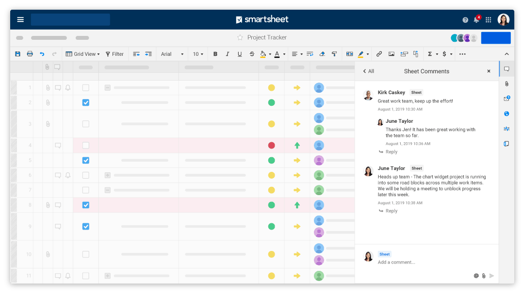 An image of conversations within a sheet in Smartsheet
