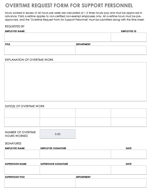 Overtime Request Form for Support Personnel Template