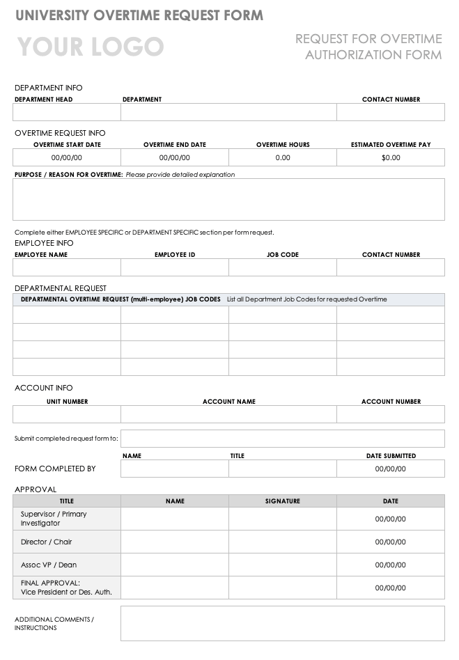 University Overtime Request Form Template