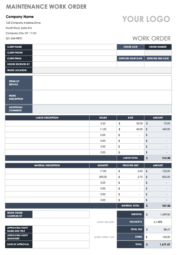 Printable Vehicle Work Order Template