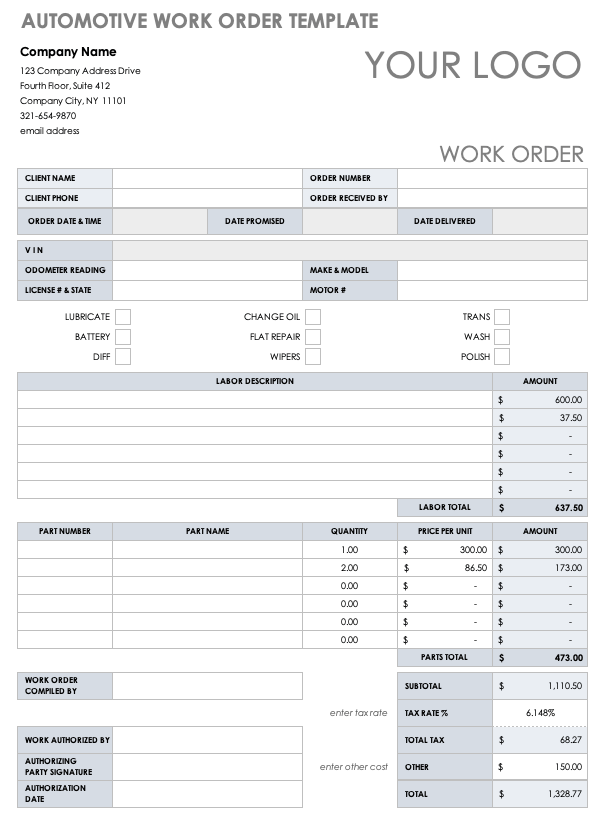Automotive Work Order Template