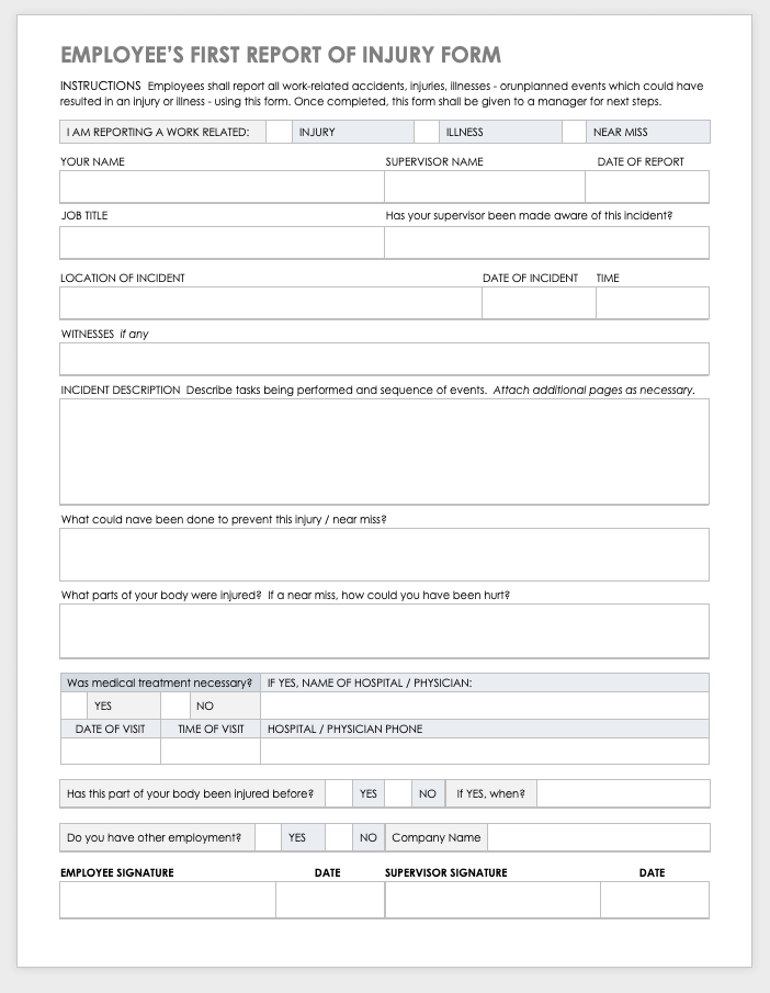 Employee First Report of Injury Form Template