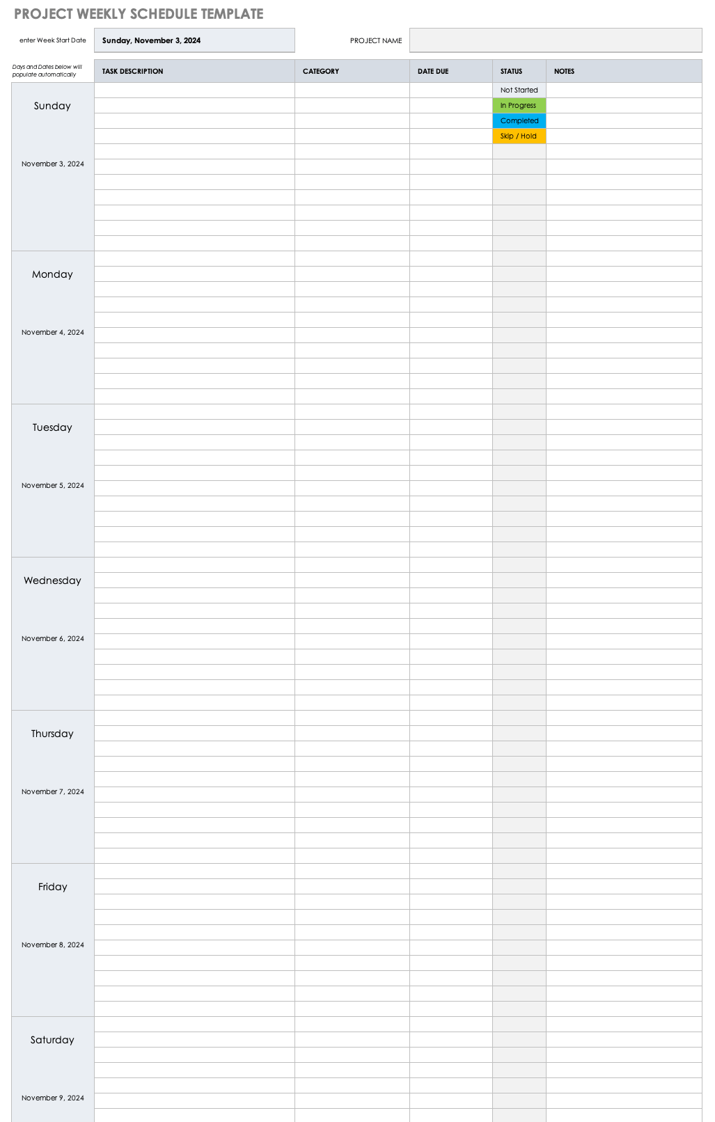 Project Weekly Schedule Template