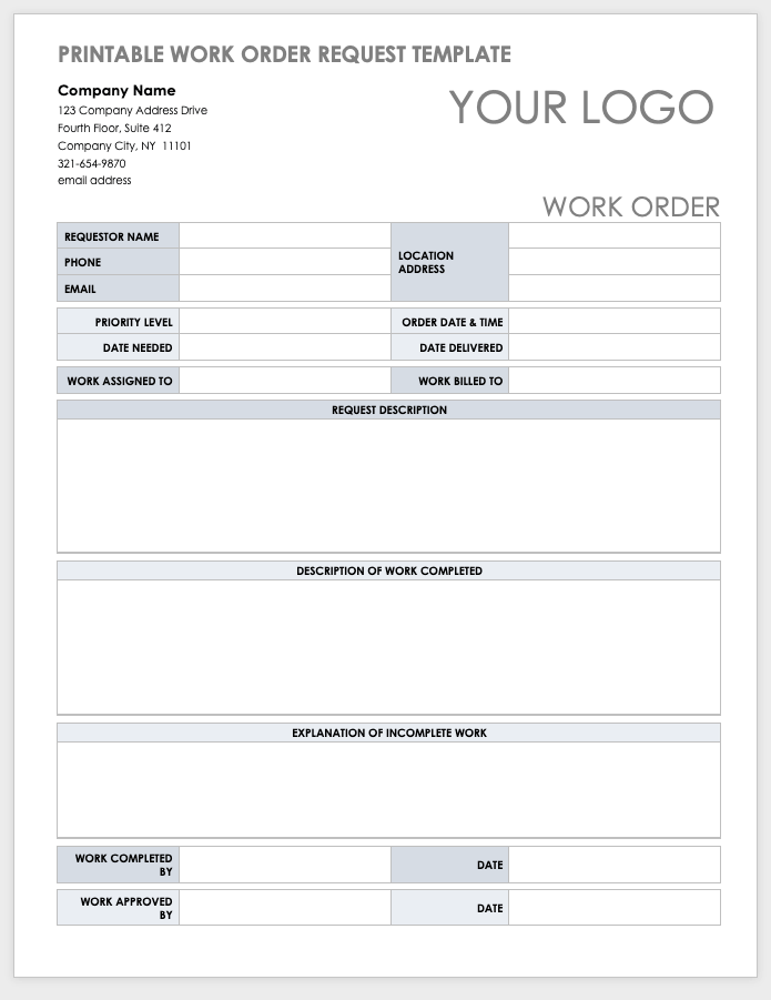 Printable Work Order Request Form Template