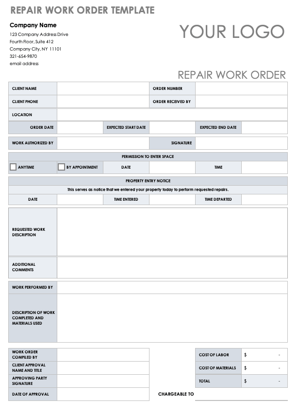 Repair Work Order Template