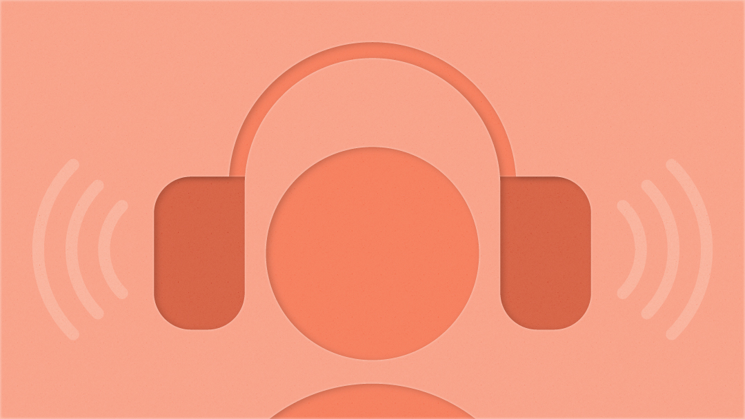 An outline of a person's head wearing dark peach-colored headphones on a light peach-colored background