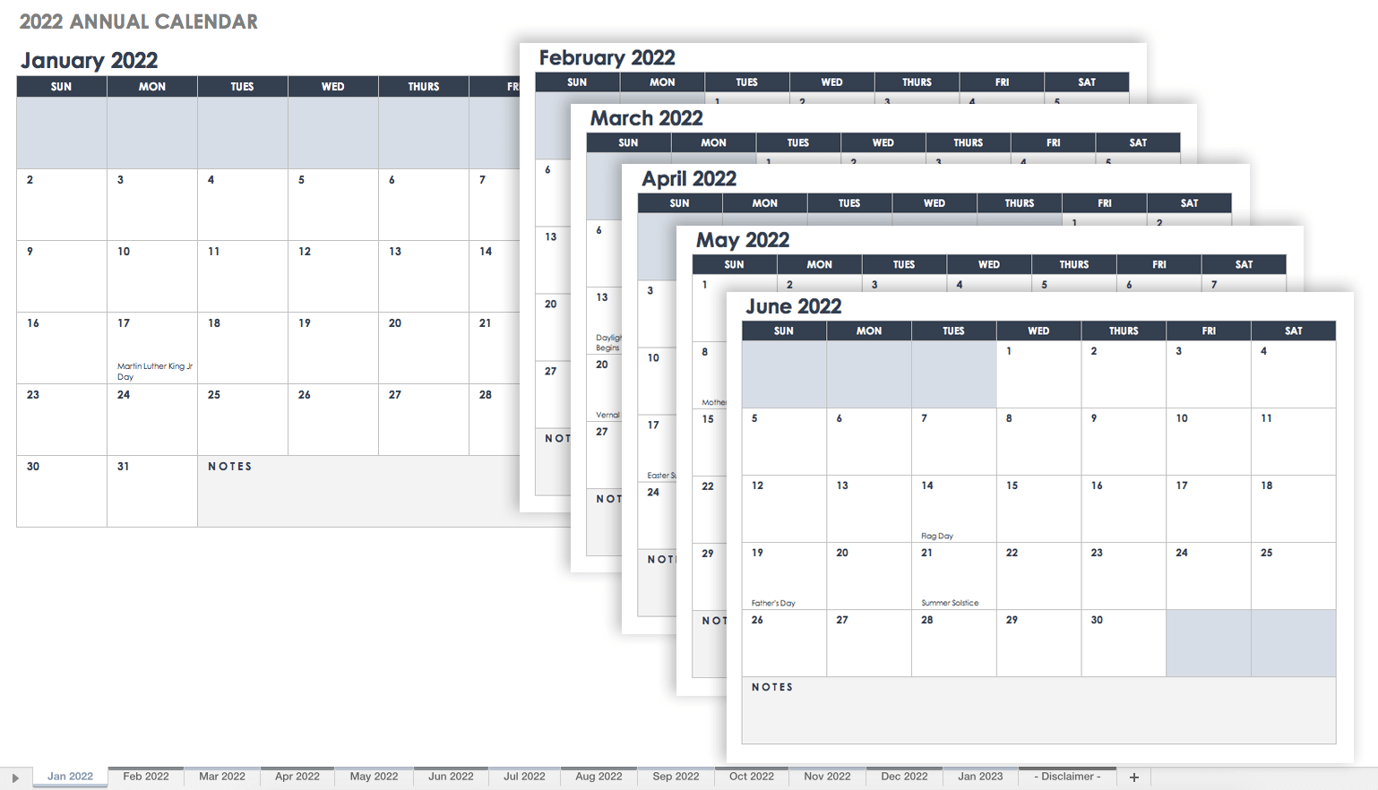 2022 Annual Calendar Template