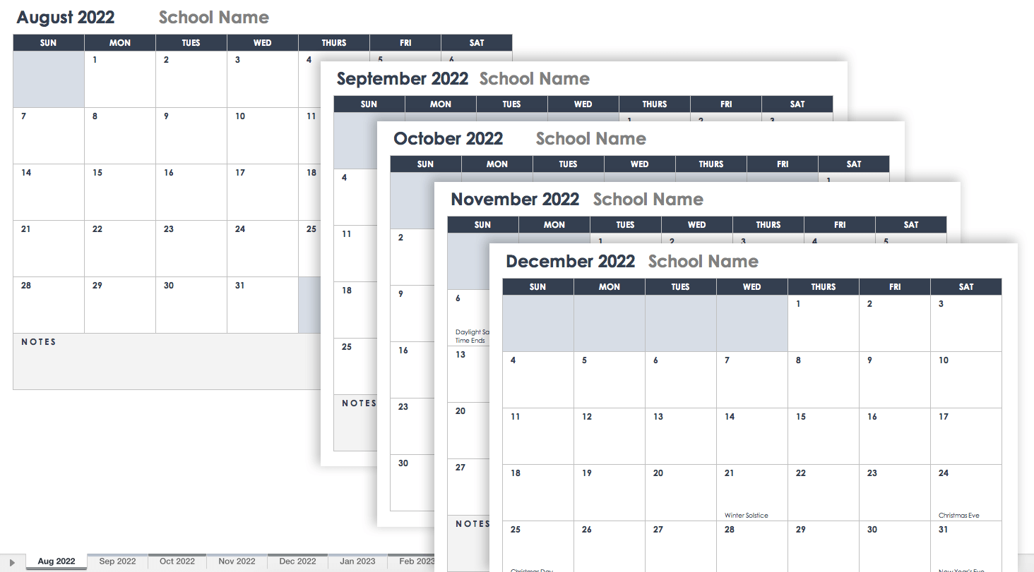 2022 Monthly School Calendar Template