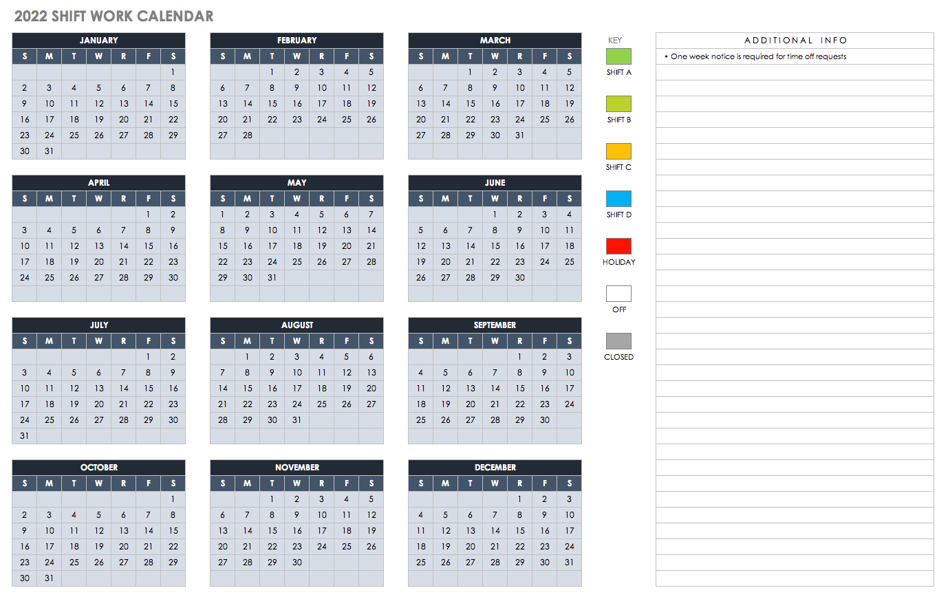 Monthly Shift Work Calendar 2022