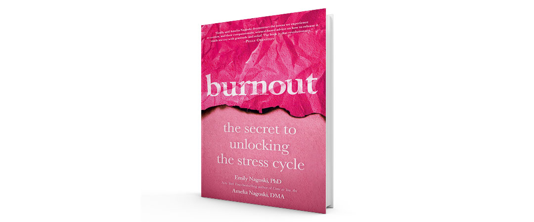 The two-tone pink cover of the book Burnout: The secret to unlocking the stress cycle