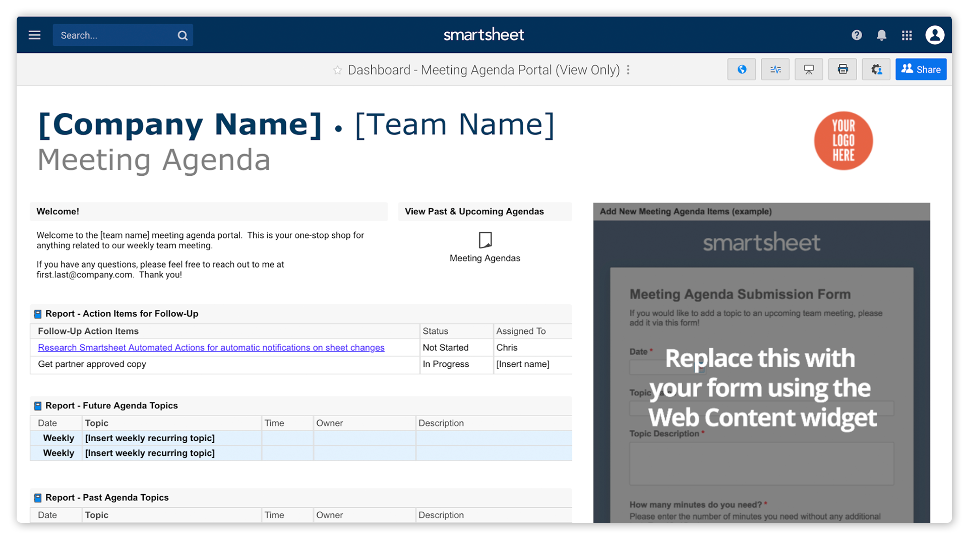 A Smartsheet dashboard appears on the screen as a customizable template for a meeting agenda and other meeting components