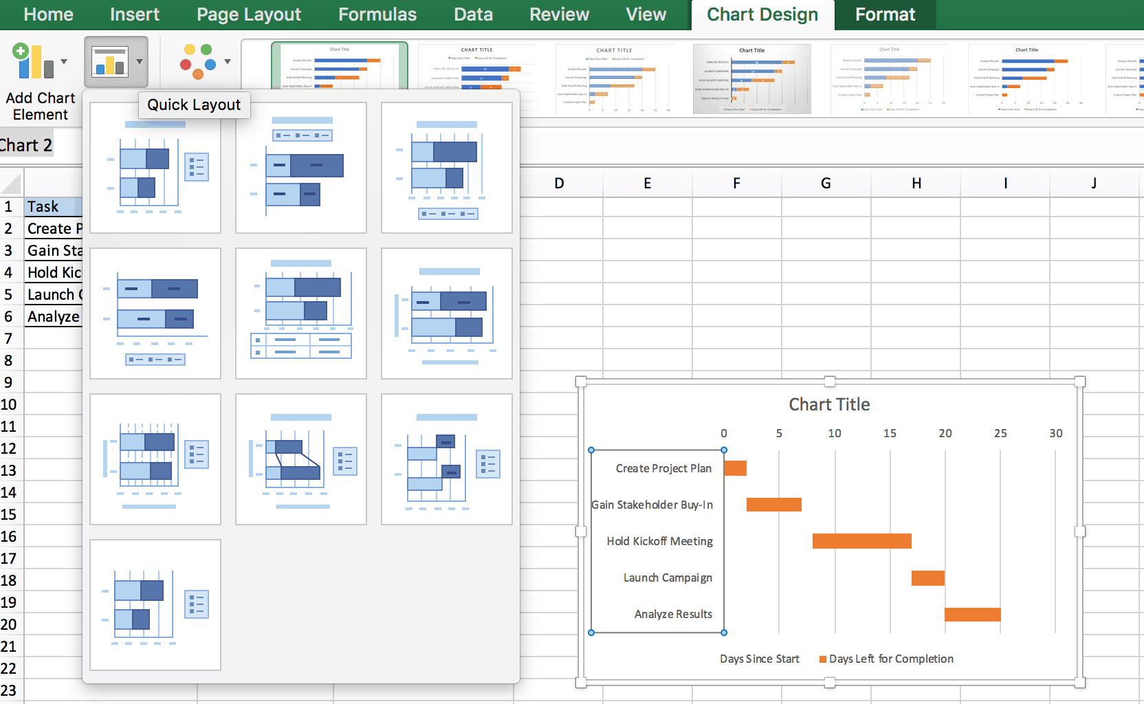 Example of how to change the Gantt chart layout in Excel