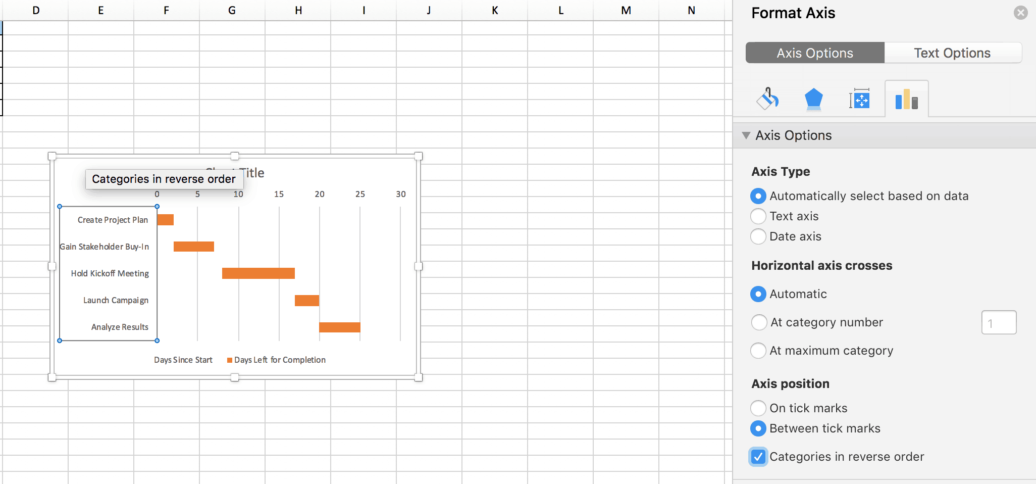 Example of how to format the axis in an Excel Gantt chart