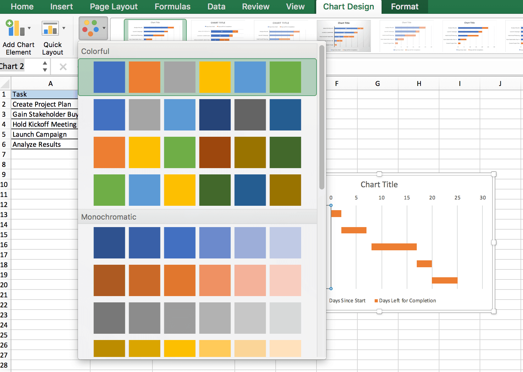Chart design tab in Excel to create a Gantt chart.