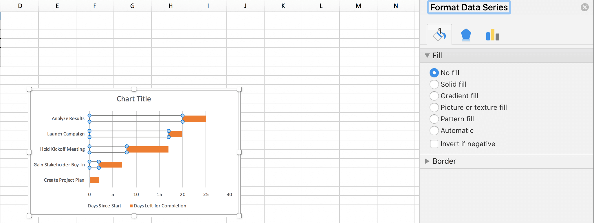 Example of how to format the bars in an Excel Gantt chart