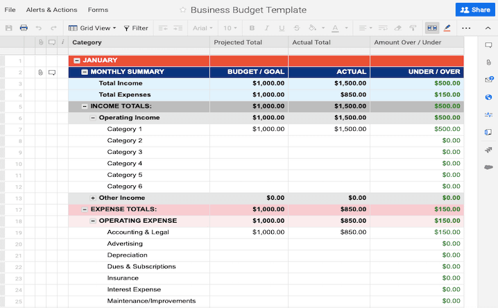 Sample Business Budget Sheet