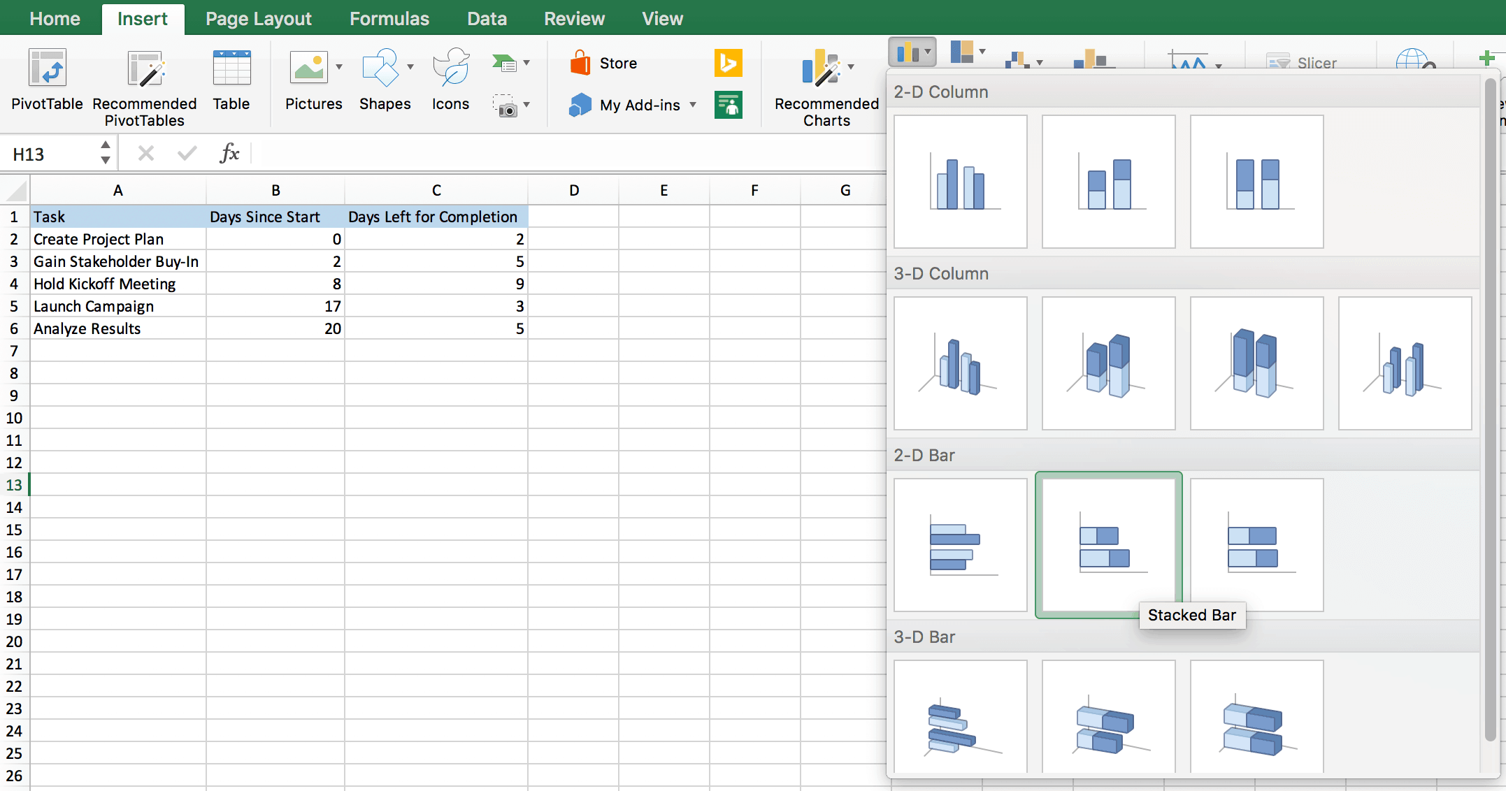 Example of how to select the stacked bar chart in Excel