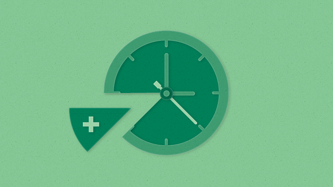 A green clock face appears with a slice cut out like pie and the slice contains a medical cross