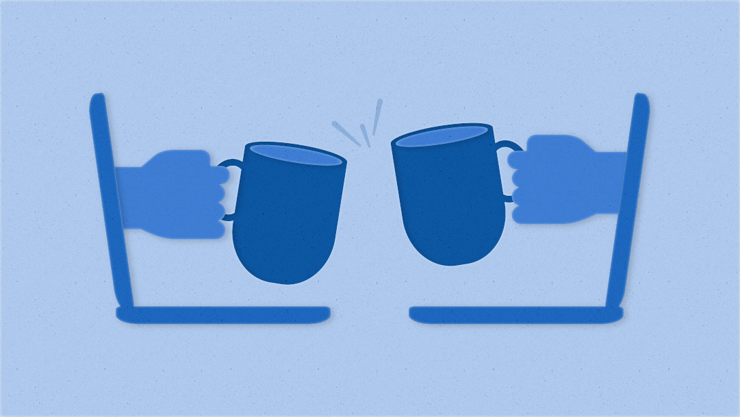 Illustration of two hands toasting coffee cups, with each coming out of a laptop