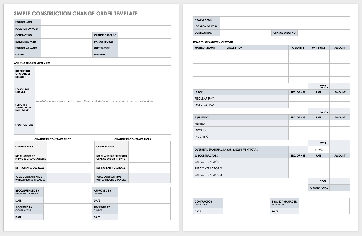 Simple Construction Change Order Template