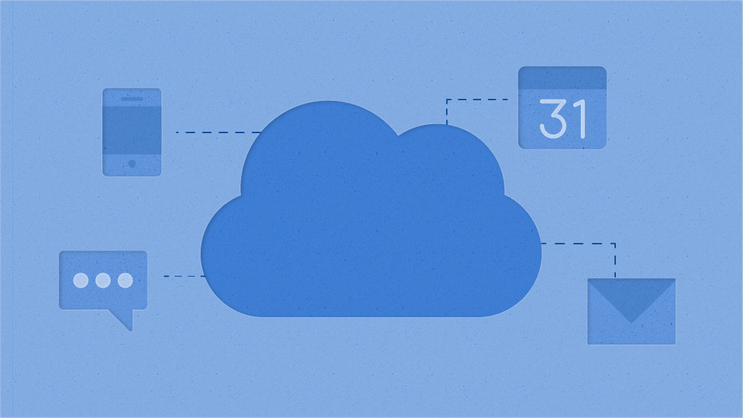 Illustrative icons of a cloud, communication, calendar, smartphone, and email